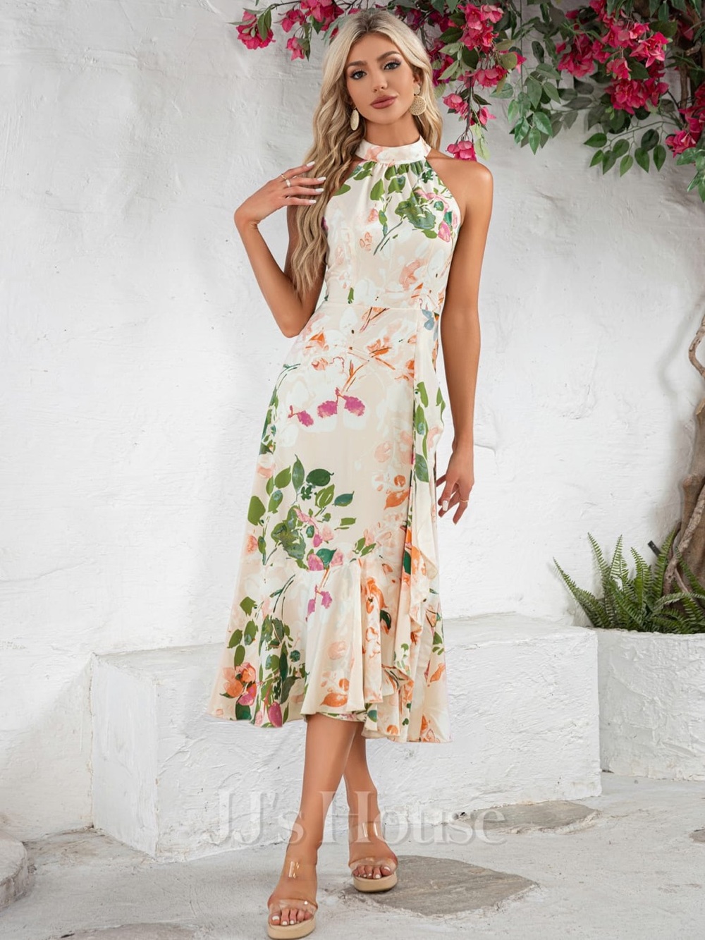 JJs House Cream Floral Halter Midi Dress with Green Accents